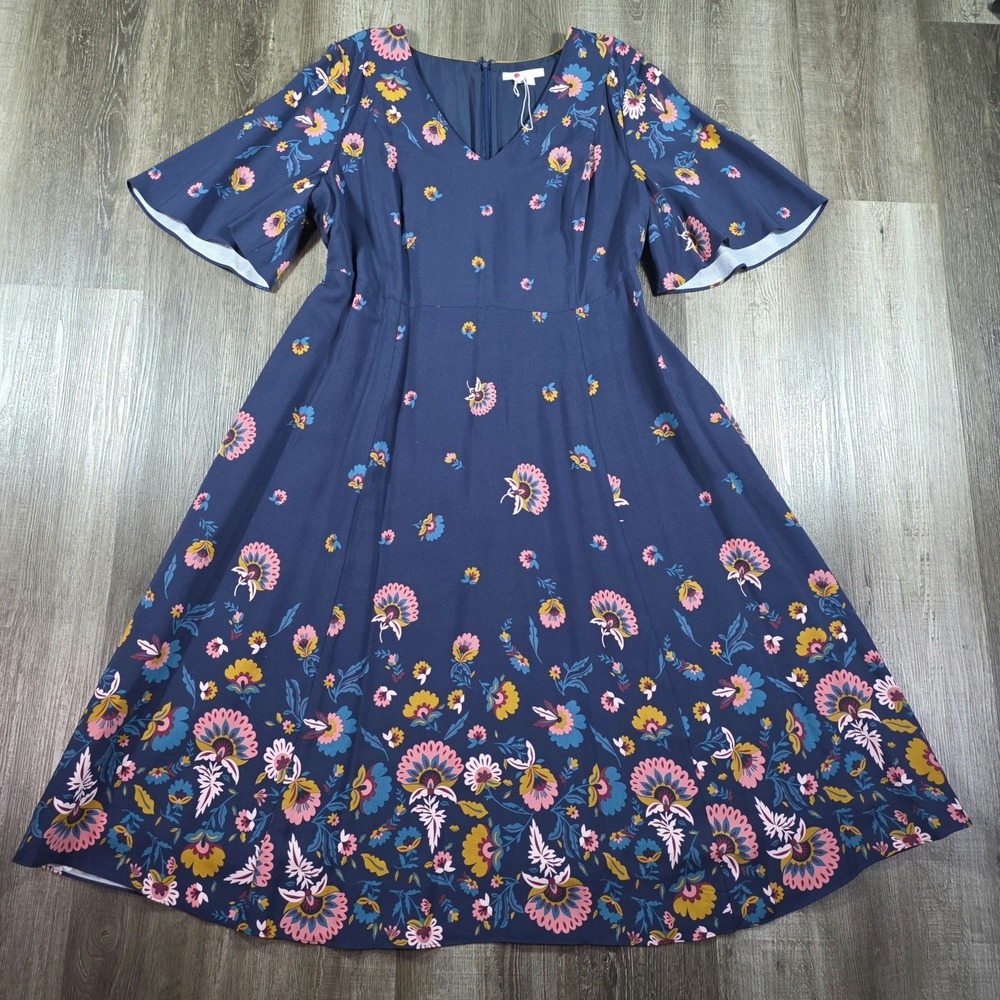 Boden Emilie V Neck Midi Dress Navy Blue Pink Floral Womens 16R Butterfly Sleeve